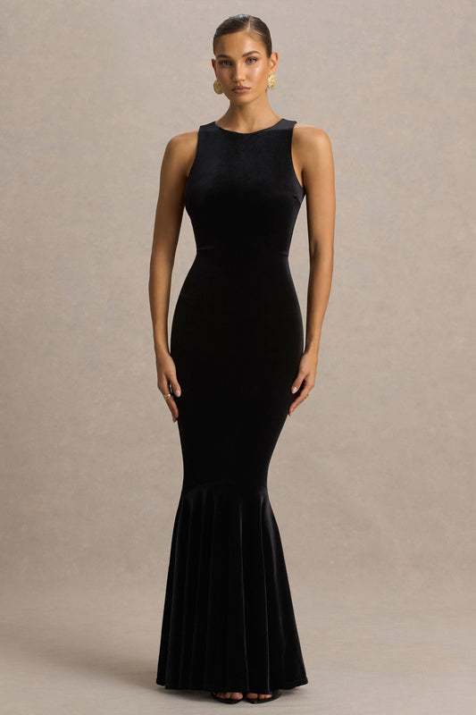 Pippa | Black Velvet Crew-Neck Mermaid Maxi Dress