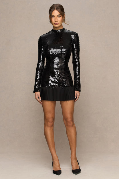 North | Black Sequin High-Neck Mini Dress With Pleats