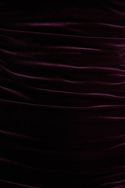 Treat | Burgundy Velvet Asymmetric-Neck Maxi Dress With Ruched Detailing.