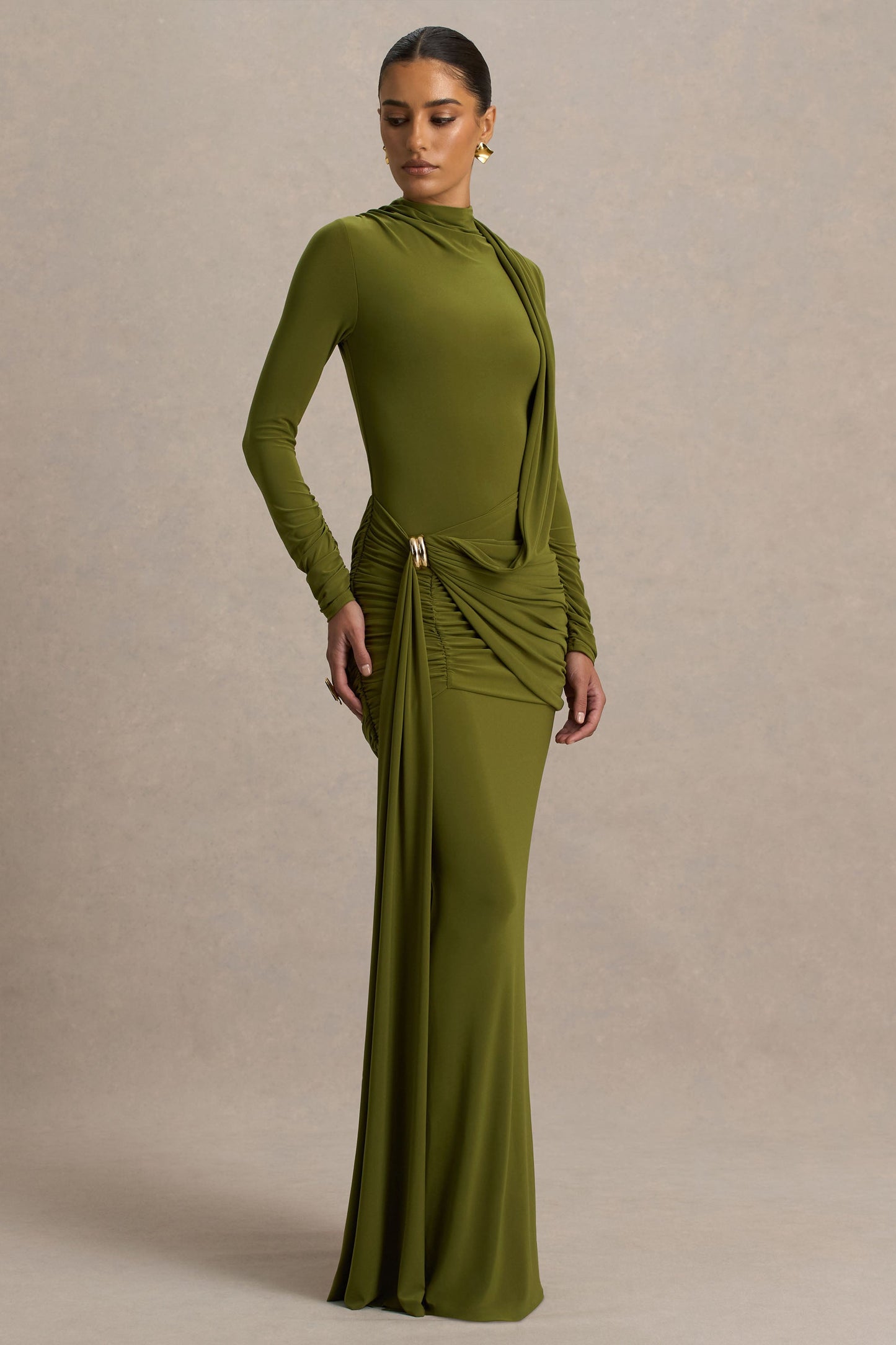 Melissa | Olive Long-Sleeve Wrap Maxi Dress With Ruched Detailing