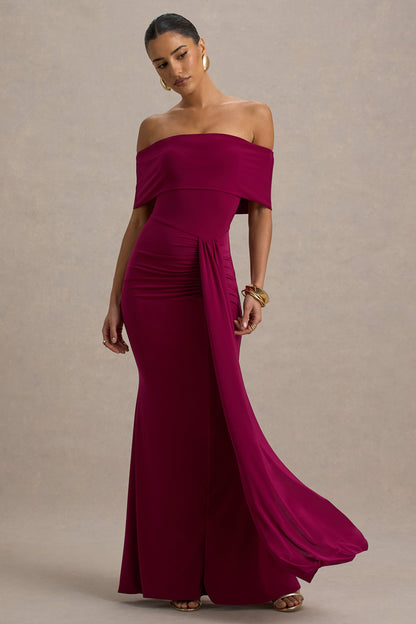 Delma | Burgundy Bardot Maxi Dress With Drape Detail