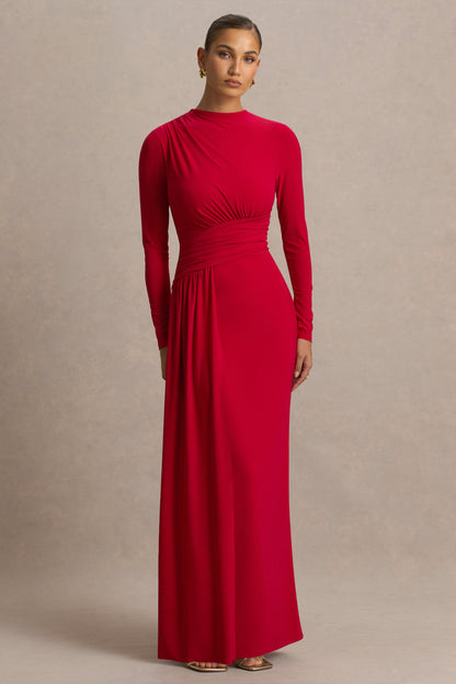 Virelle | Red Boat-Neck Maxi Dress With Drop-Waist