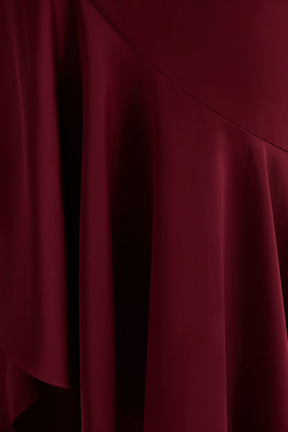 Rosy | Burgundy Satin Boat-Neck Maxi Dress With Front Split And Ruched Detailing