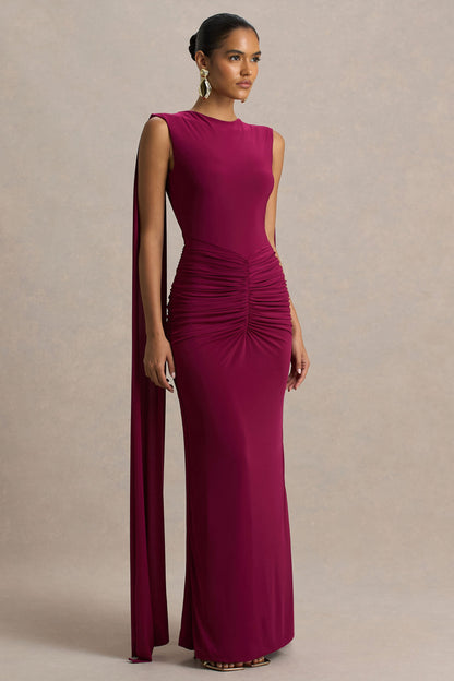 Premiere | Burgundy Boat-Neck Maxi Dress With Open-Back And Cape-Sleeves