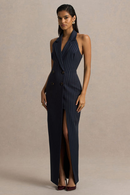 Eve | Navy Pinstripe Plunge-Neckline Tailored Maxi Dress