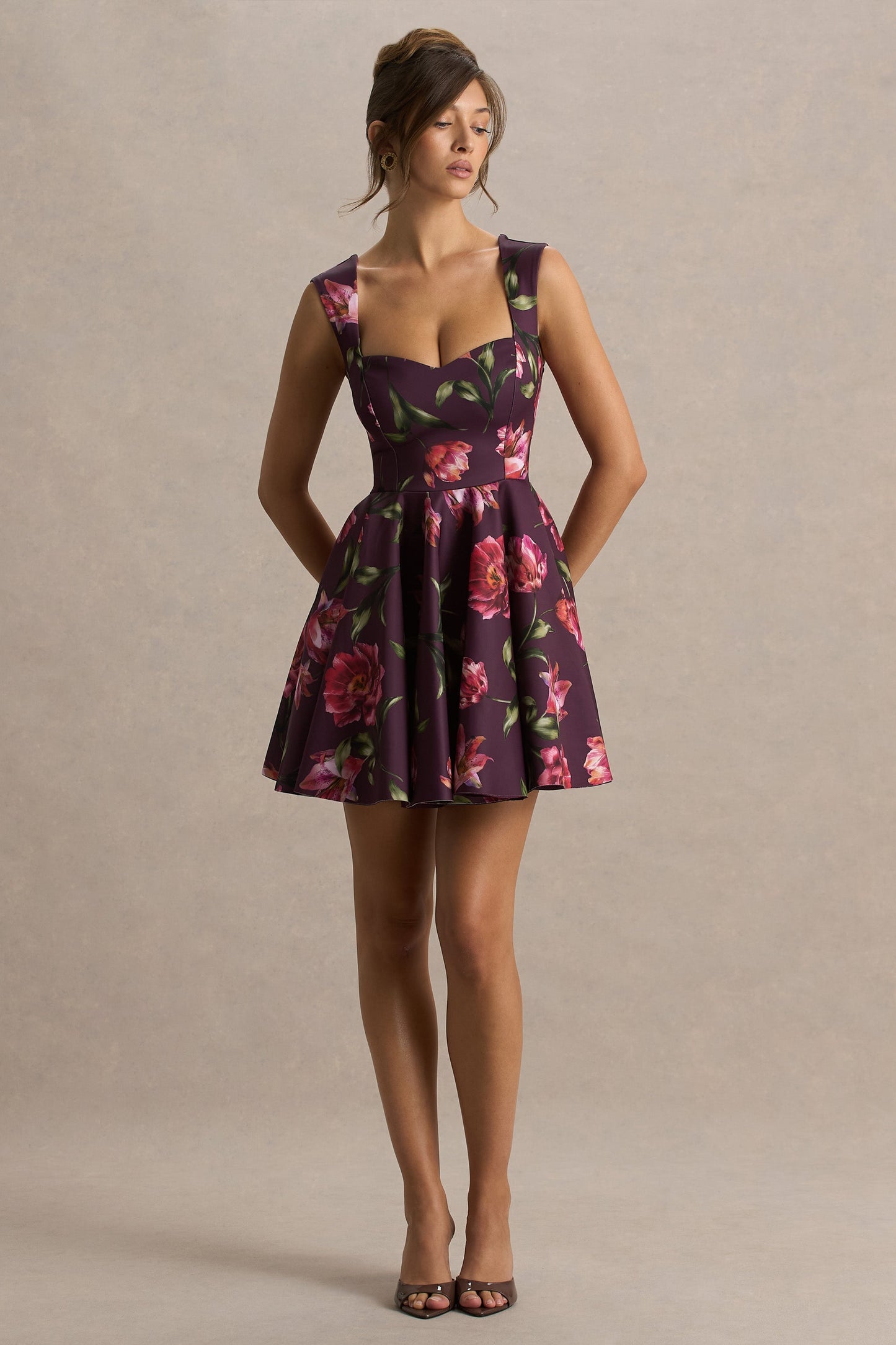 Magic | Burgundy Floral Print Sweetheart-Neck Mini Dress.