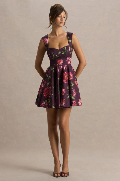 Magic | Burgundy Floral Print Sweetheart-Neck Mini Dress.