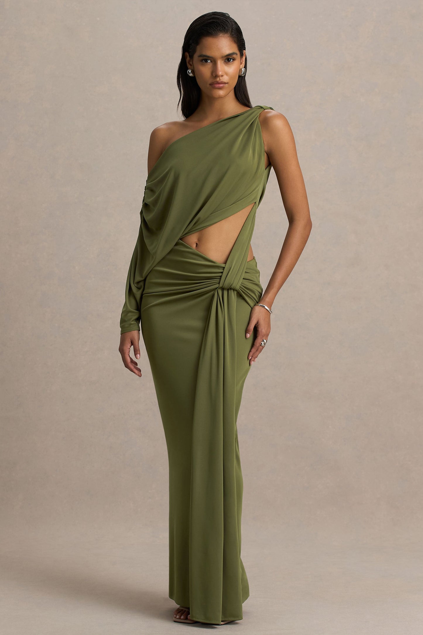 Layla | Olive Asymmetric-Neck Wrap Maxi Dress With Body Cut-Out And Ruched Detailing