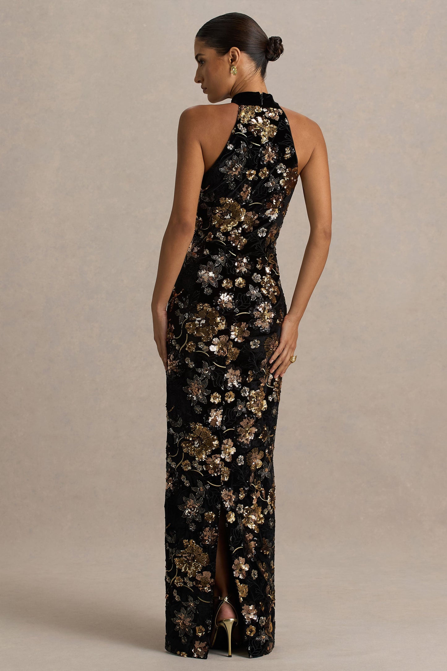 Tate | Black Velvet Halter-Neck Maxi Dress With Bronze Floral Sequin