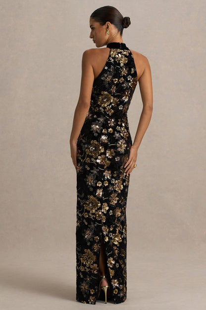 Tate | Black Velvet Halter-Neck Maxi Dress With Bronze Floral Sequin