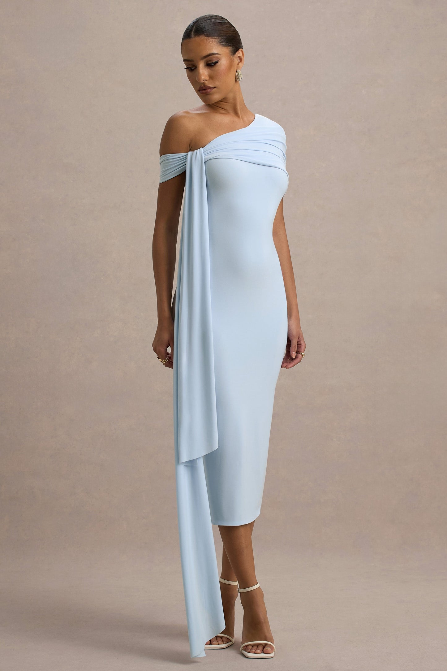 Vallea | Powder Blue One-Shoulder Draped Midi Dress