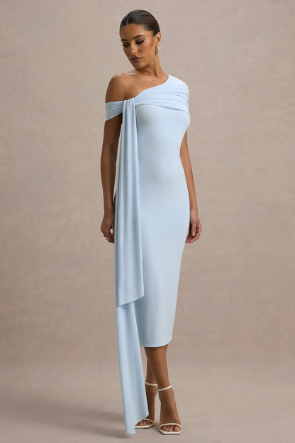 Vallea | Powder Blue One-Shoulder Draped Midi Dress