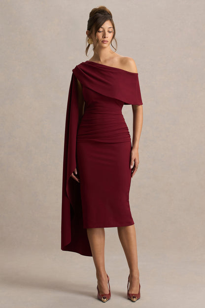 Leah | Burgundy Asymmetric-Neck Midi Dress With Cape-Sleeve And Draped Detailing