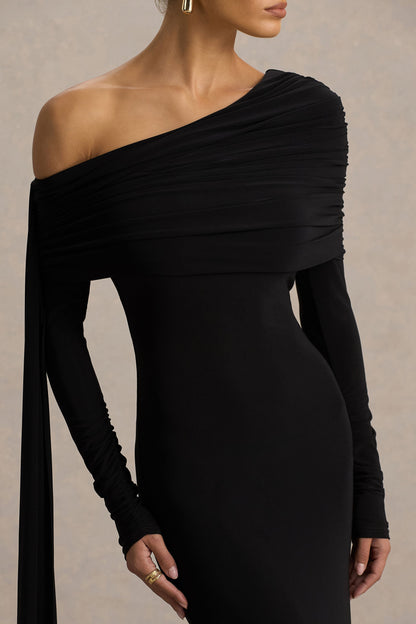 Octavia | Black Bardot-Neck Maxi Dress With Cape And Ruched Detailing