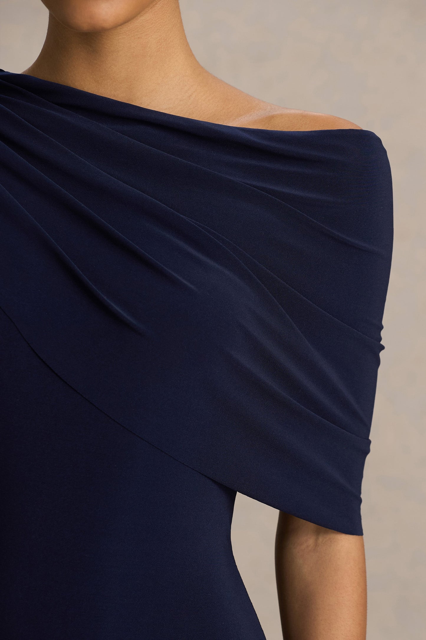 Tiana | Navy Asymmetric-Neck Maxi Dress With Drape-Detail