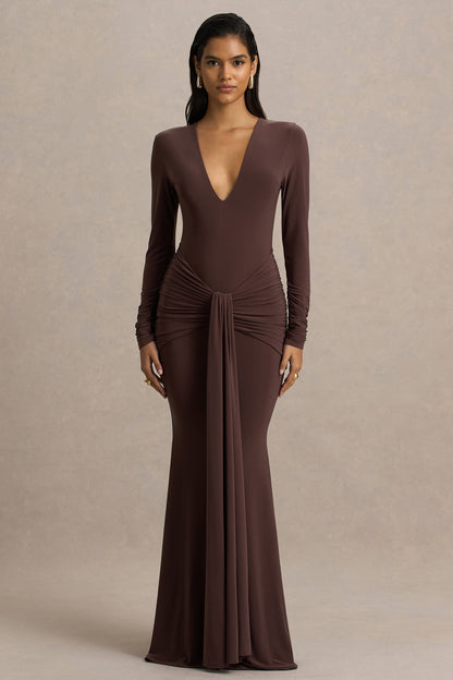 Saffie | Chocolate Extreme-Plunge Wrap Maxi Dress With Long-Sleeves And Ruched Detailing