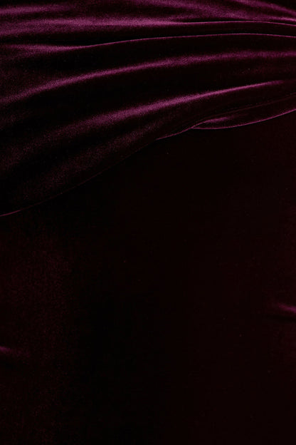 Billie | Burgundy Velvet Bardot-Neck Midi Dress With Twist-Sleeve