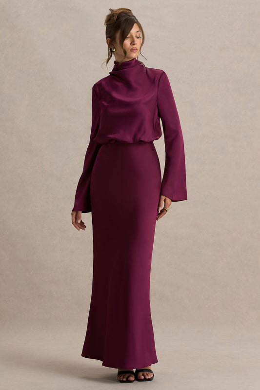 Celina | Burgundy Satin High-Neck Maxi Dress