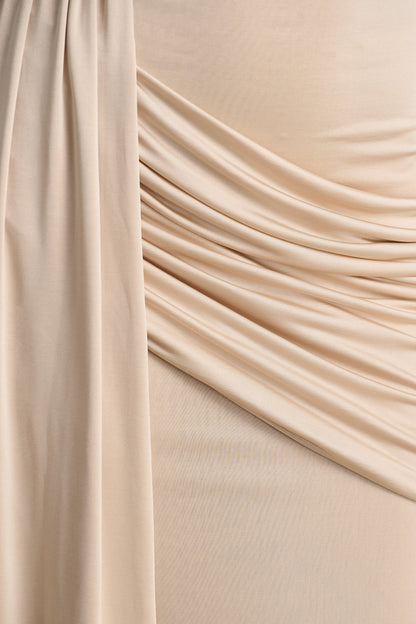 Romi | Champagne High-Neck Maxi Dress With Ruched Detailing