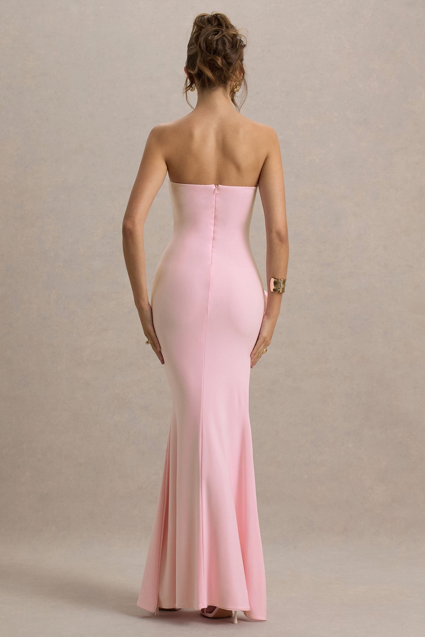 My Muse | Pink Ruched Bandeau Split Maxi Dress With Flowers
