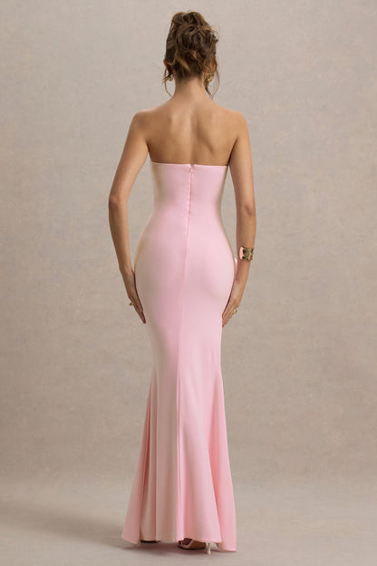 My Muse | Pink Ruched Bandeau Split Maxi Dress With Flowers