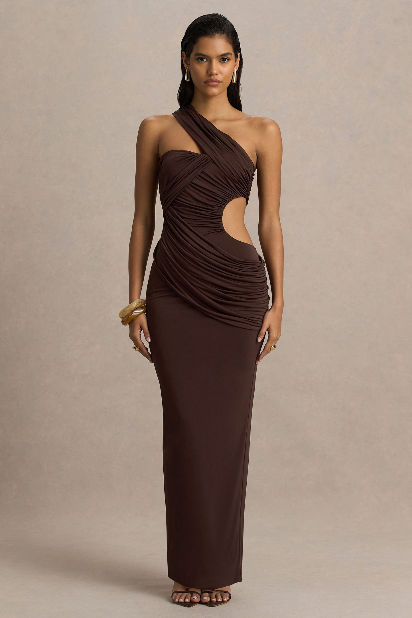 Serefine | Brown Asymmetric-Neck Maxi Dress With Body Cut-Out