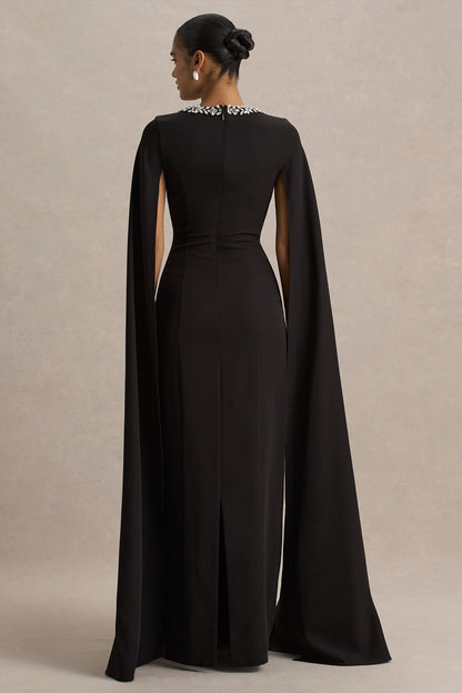 Glossy | Black Woven Square-Neck Maxi Dress With Cape Sleeves and Embellished Detail