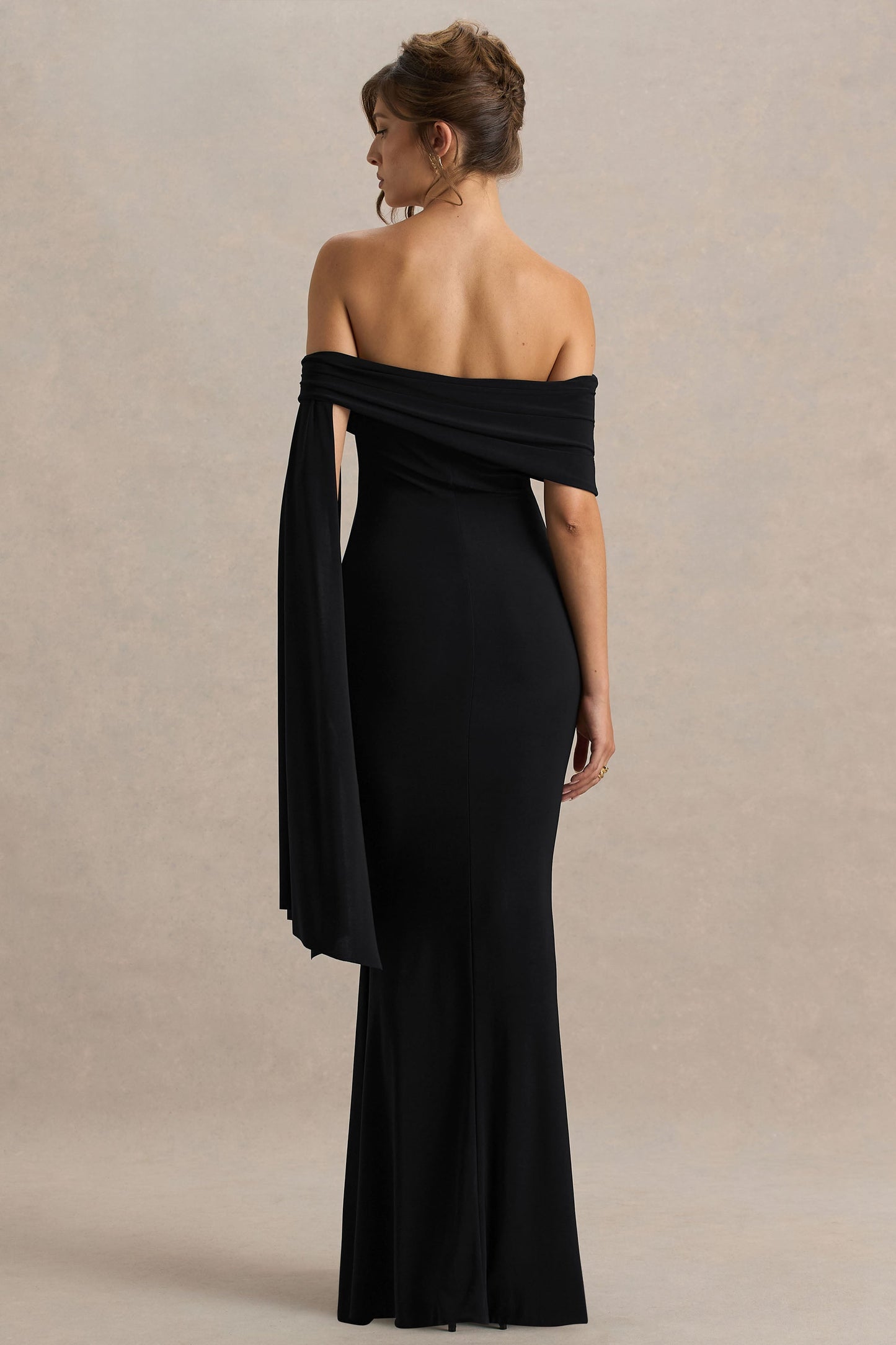 Saffina | Black Bardot-Neck Maxi Dress With Sash Detail