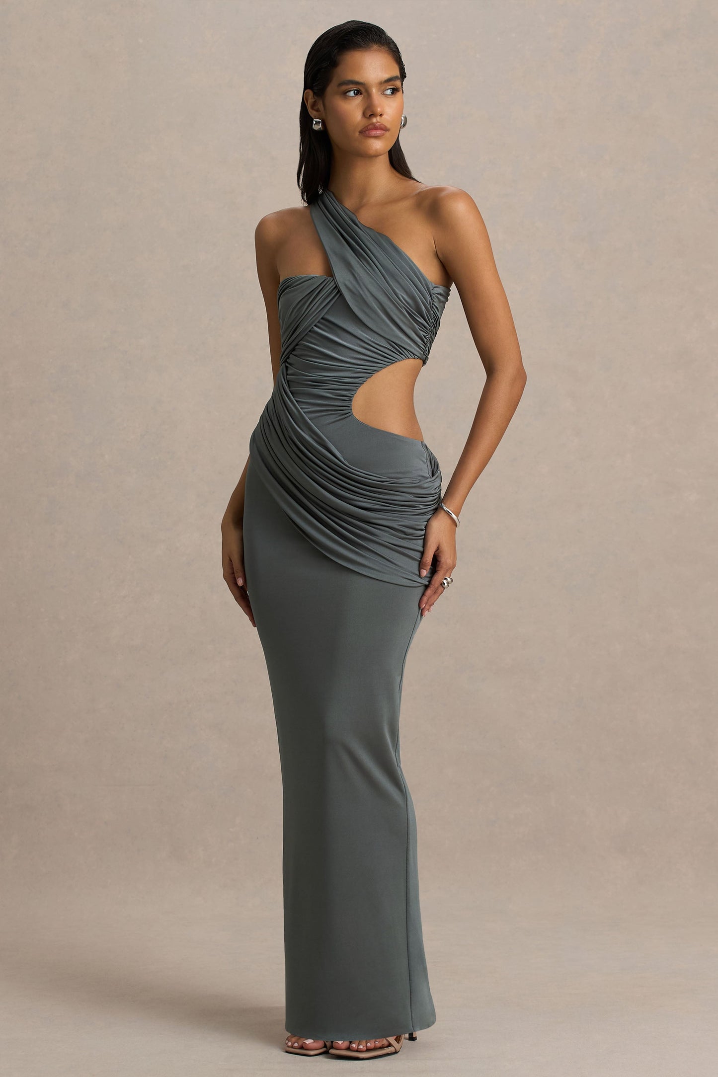 Serefine | Grey Asymmetric-Neck Maxi Dress With Body Cut-Out