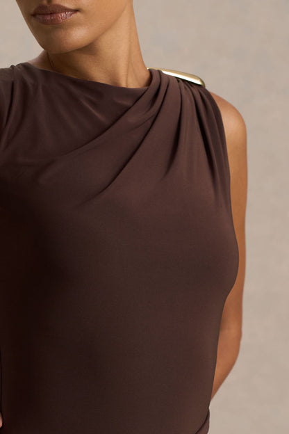 Fiora | Brown High-Neck Maxi Dress With Metal Detail