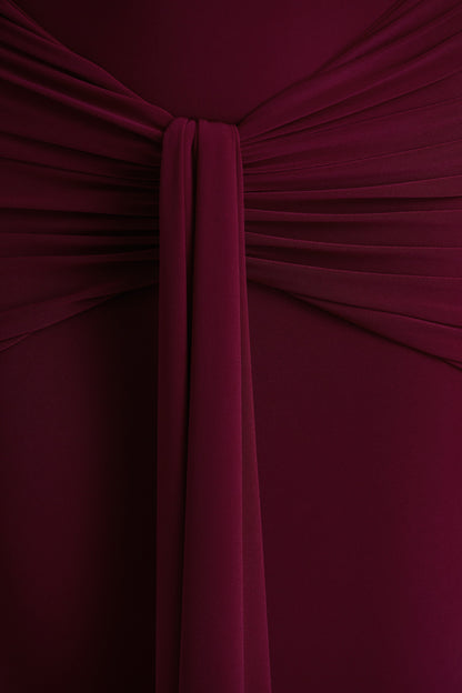 Envisioned | Burgundy Bardot-Neck Maxi Dress With Gathered And Drape Detail