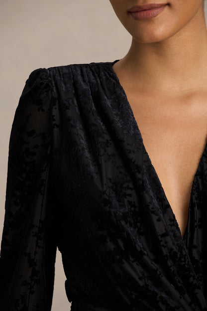 Vicenta | Black Velvet Devore Plunge-Neck Wrap Mini Dress