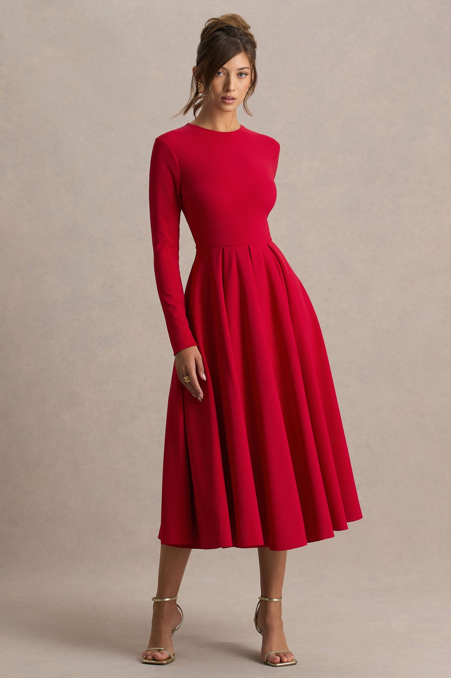 Bellamy | Red Crew-Neck Long-Sleeve Midi Dress