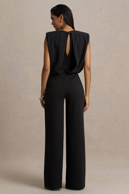 Tiff | Black Crew-Neck Jumpsuit With Draped Detailing