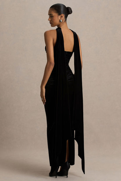 Paloma | Black Velvet Bandeau-Neck Maxi Dress With Scarf