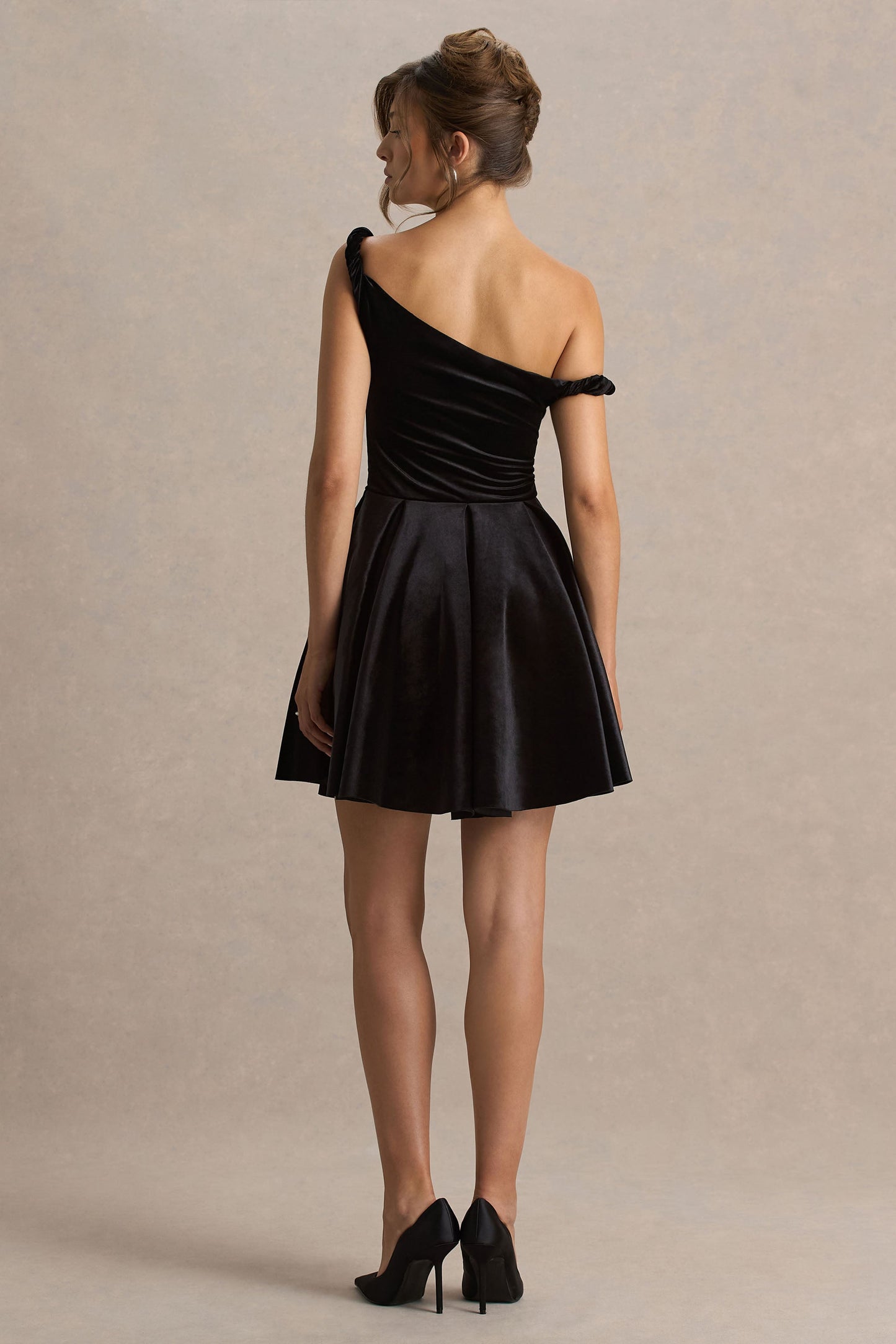 Leticia | Black Velvet Asymmetric-Neck Velvet Mini Dress With Twist-Sleeve