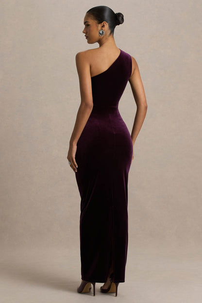 Treat | Burgundy Velvet Asymmetric-Neck Maxi Dress With Ruched Detailing.
