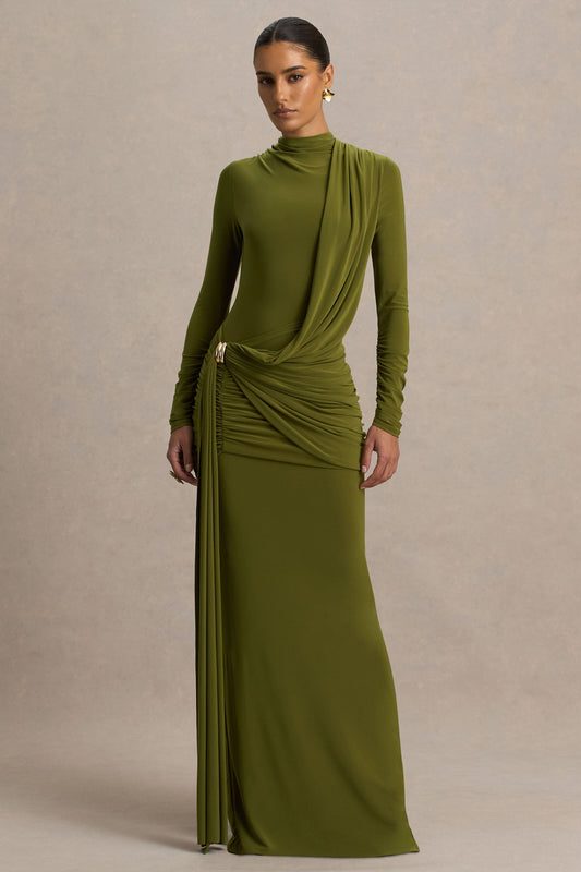 Melissa | Olive Long-Sleeve Wrap Maxi Dress With Ruched Detailing