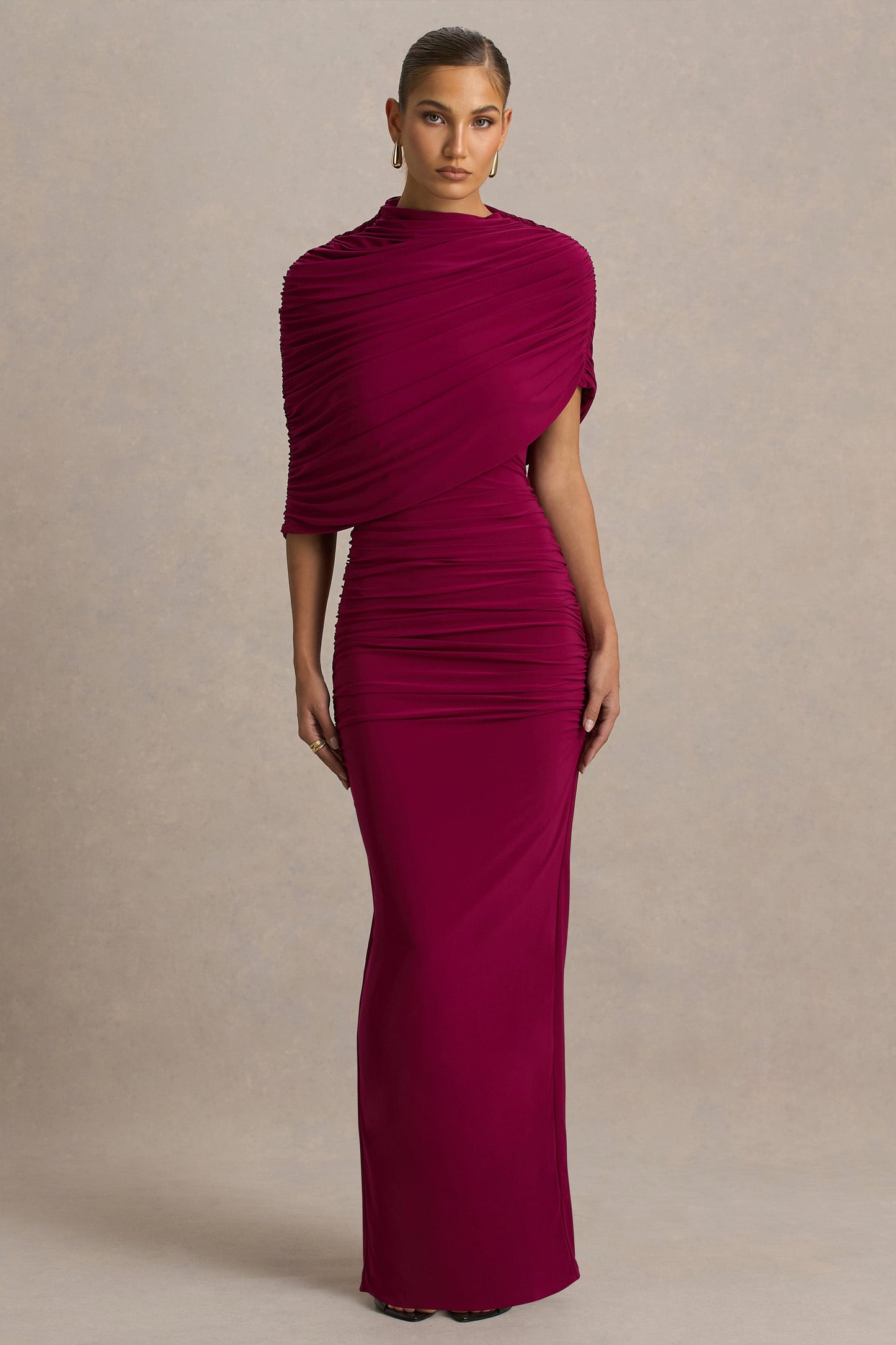 Glitz | Burgundy High-Neck Maxi Dress With Cape Sleeve and Ruched Detailing