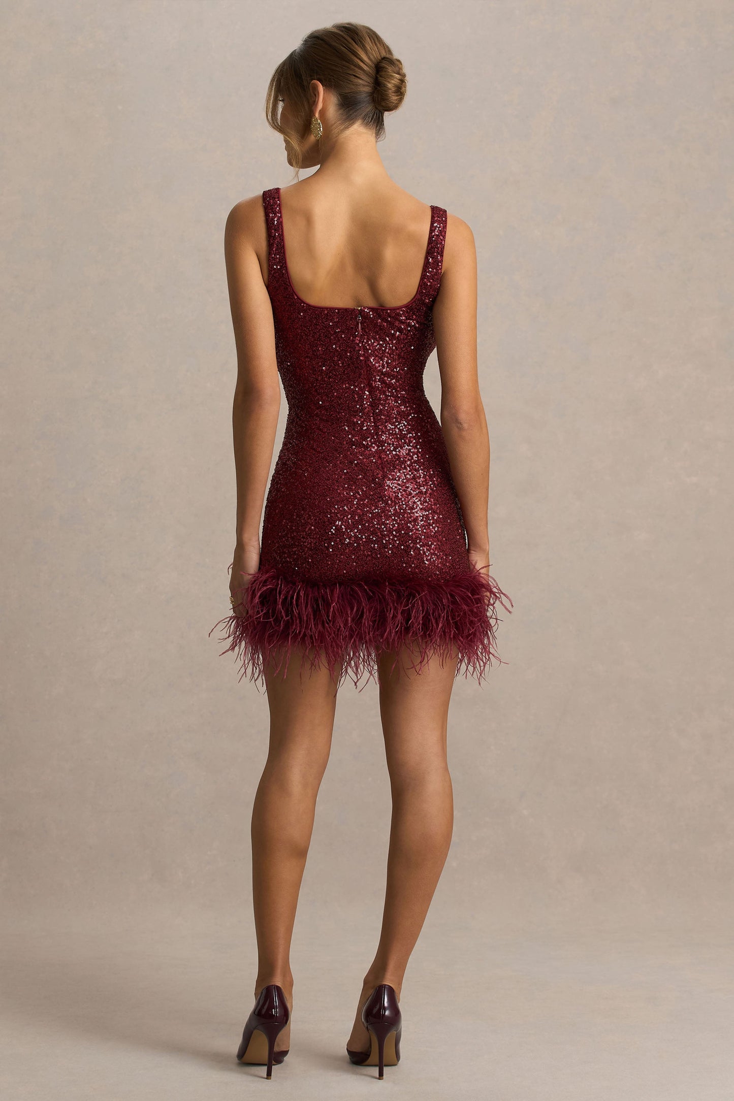 Rosalinda | Burgundy Sequin Square-Neck Mini Dress With Feather Trim