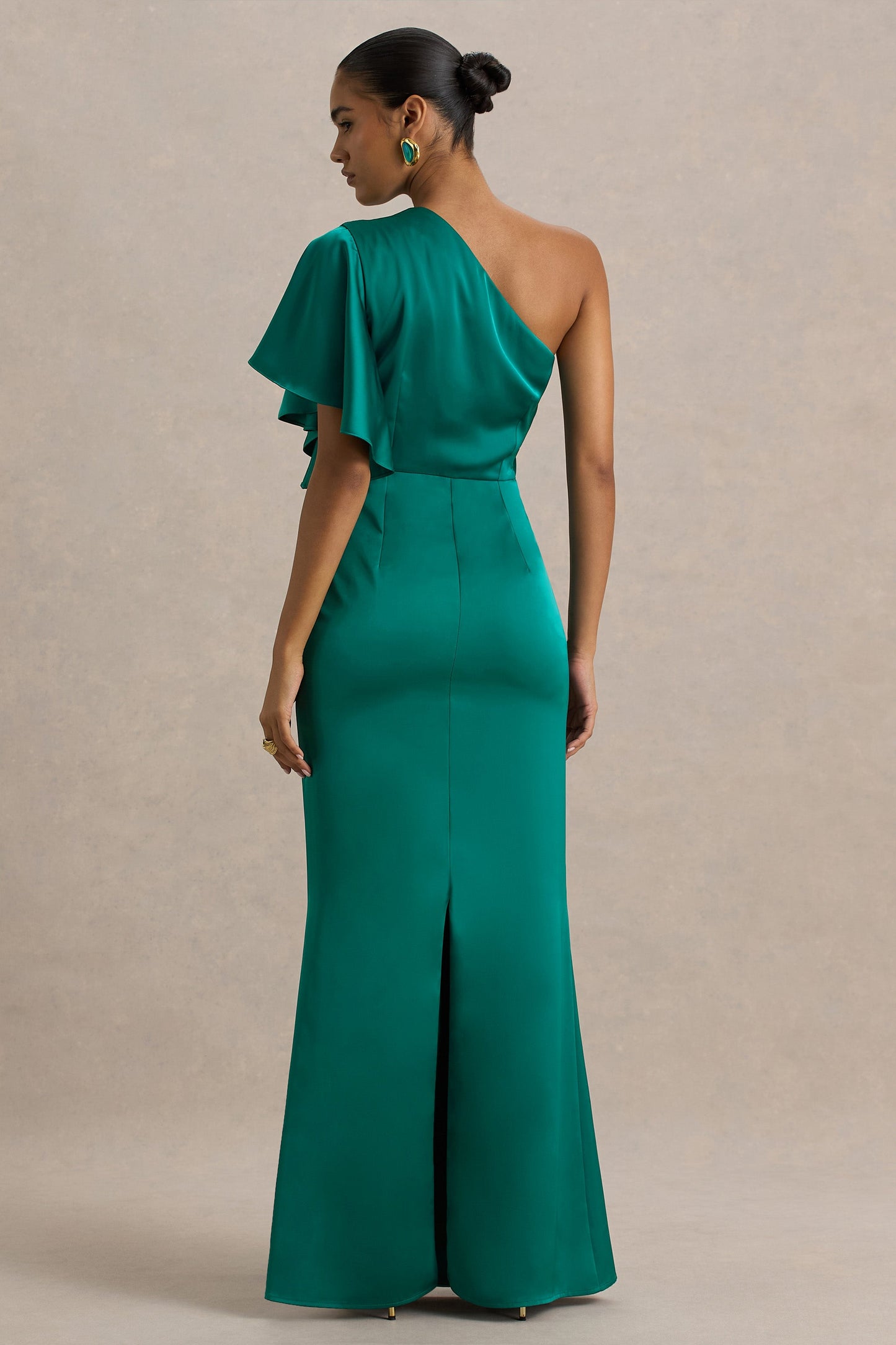 Unforgettable | Bottle Green Asymmetric-Neck Maxi Dress With Ruched Detailing
