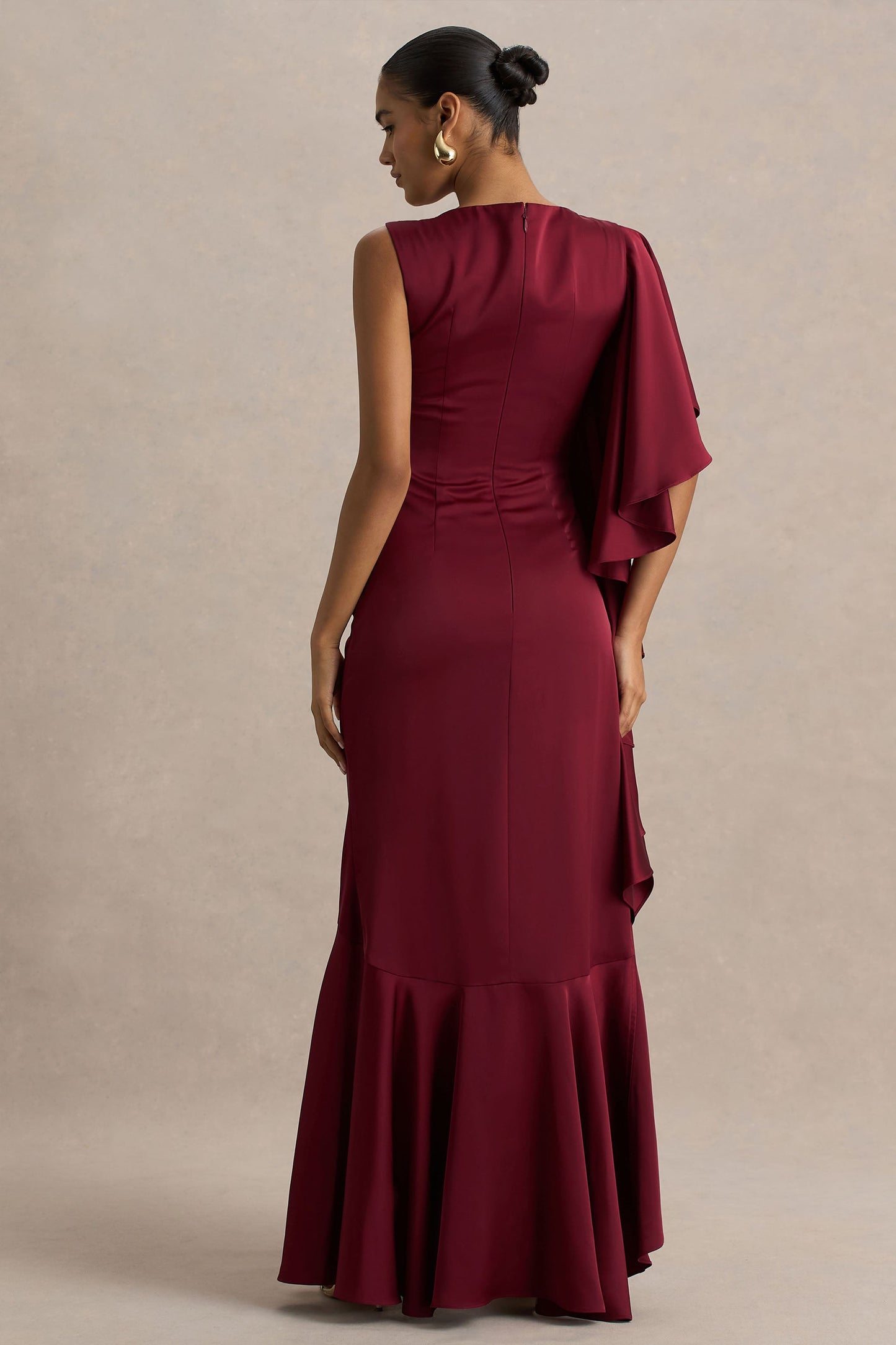 Rosy | Burgundy Satin Boat-Neck Maxi Dress With Front Split And Ruched Detailing