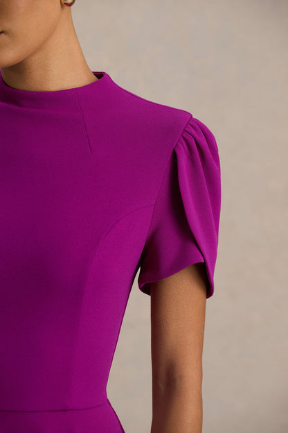 Vicky | Mulberry High Neck Midi Dress With Puff Sleeves