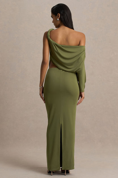 Layla | Olive Asymmetric-Neck Wrap Maxi Dress With Body Cut-Out And Ruched Detailing