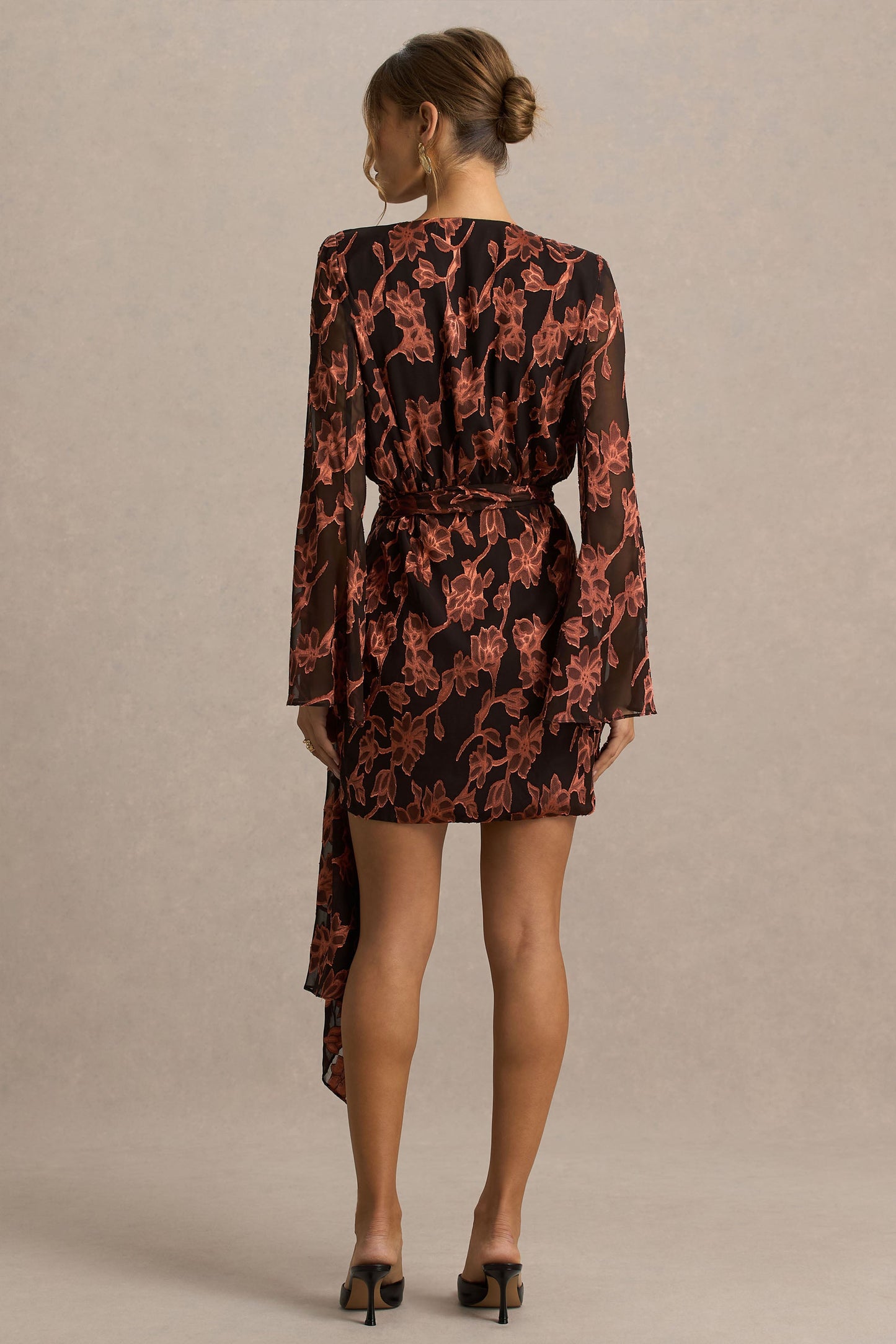 Lindsey | Black And Rust Plunge-Neck Wrap Mini Dress With Bell Sleeves And Sash Detail