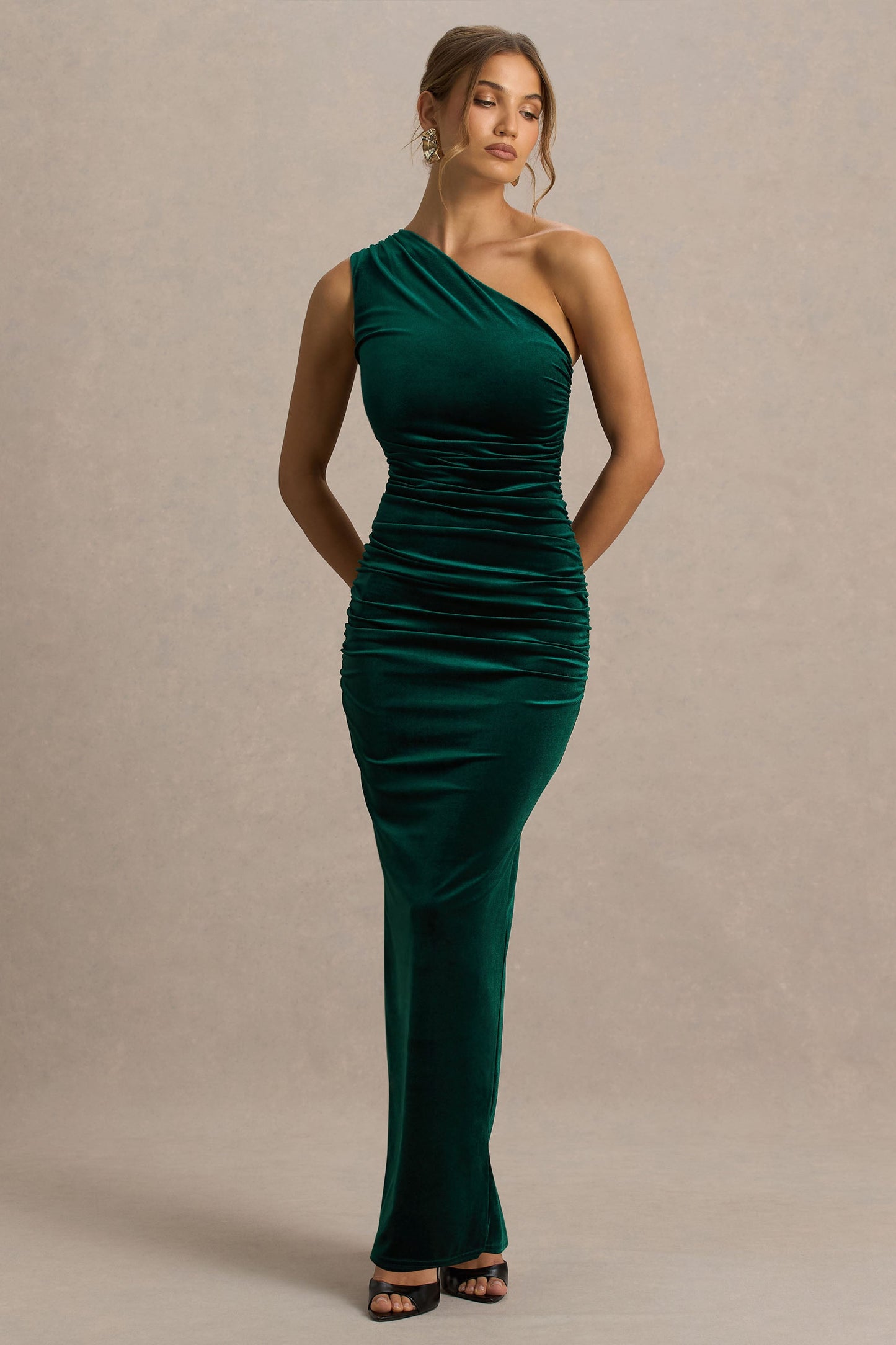 Treat | Bottle Green Velvet Asymmetric-Neck Maxi Dress With Ruched Detailing