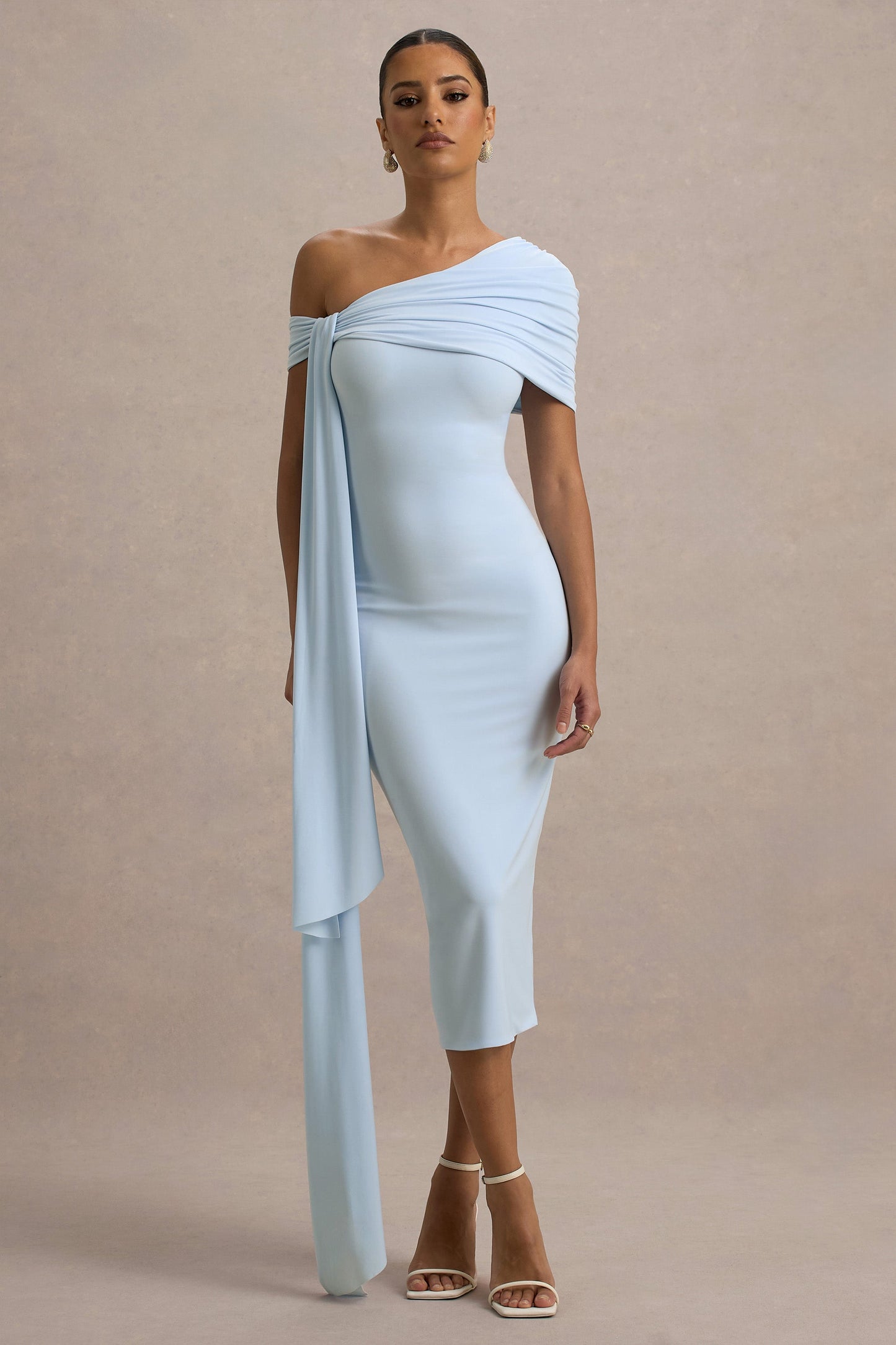 Vallea | Powder Blue One-Shoulder Draped Midi Dress