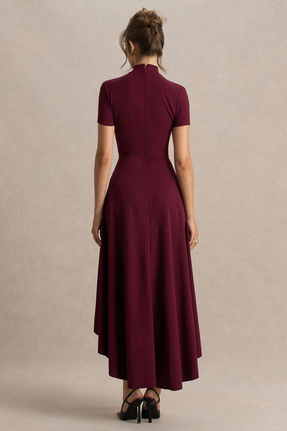 Bellona | Burgundy High-Neck High-Low Midi Dress