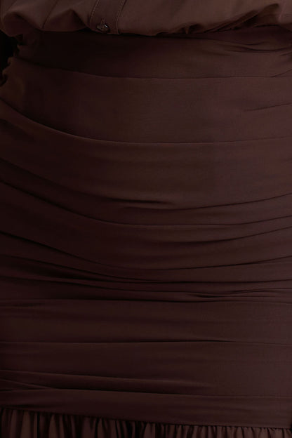 Kris | Brown Plunge-Neck Maxi Dress With Ruched Detailing