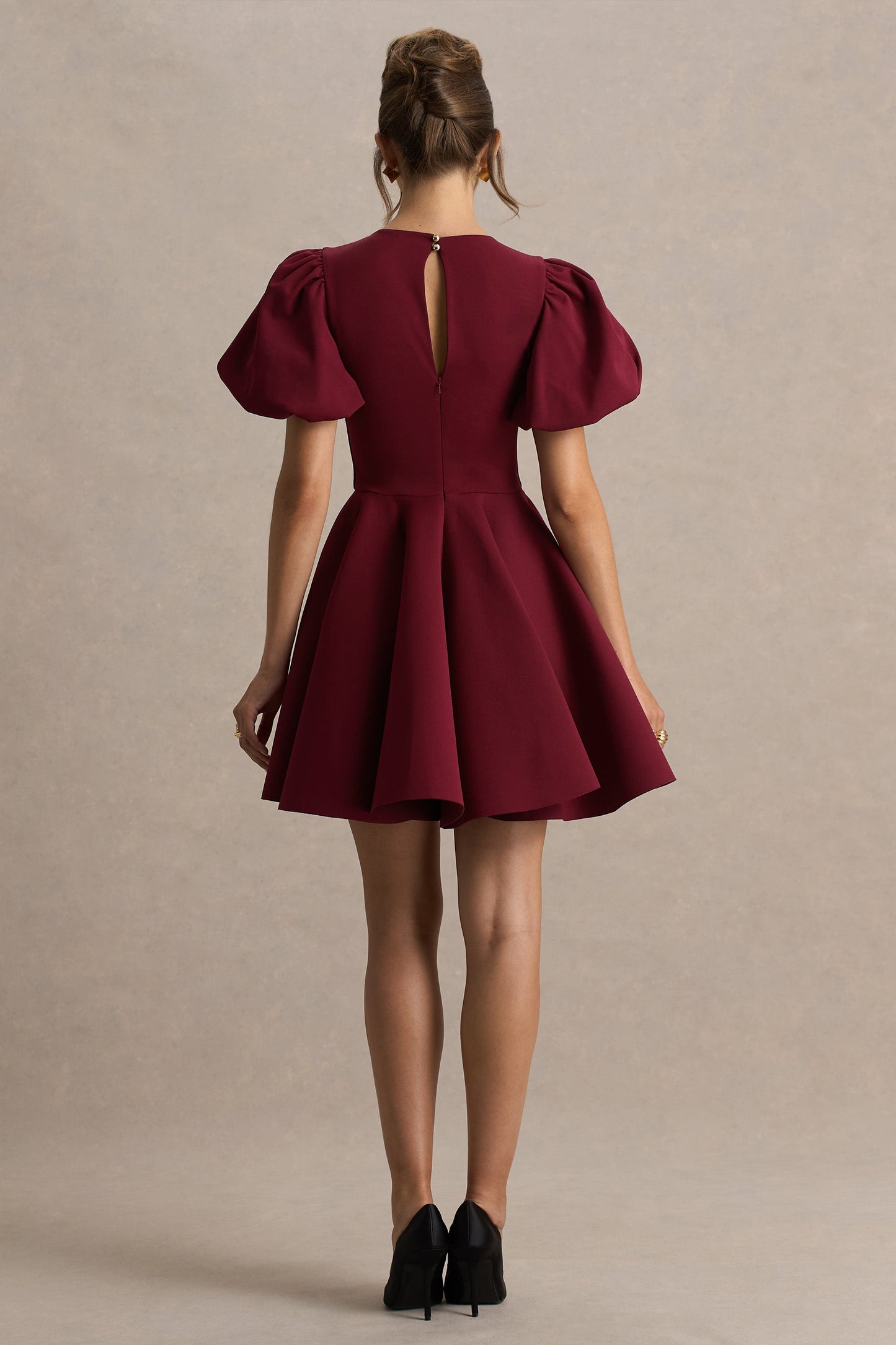 Emelia | Burgundy Puff-Sleeve Skater Mini Dress